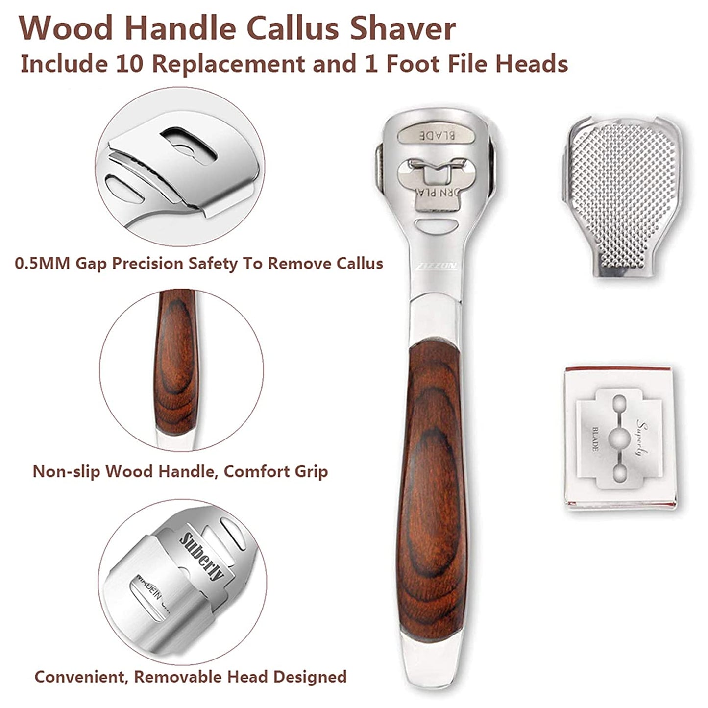 Colossal Foot Rasp & Wood Handle Callus Shaver (10 Replacement & 1 Foot File Heads), Pedicure Foot File Kit, Heel Scraper for Feet, Foot File Callus Remover