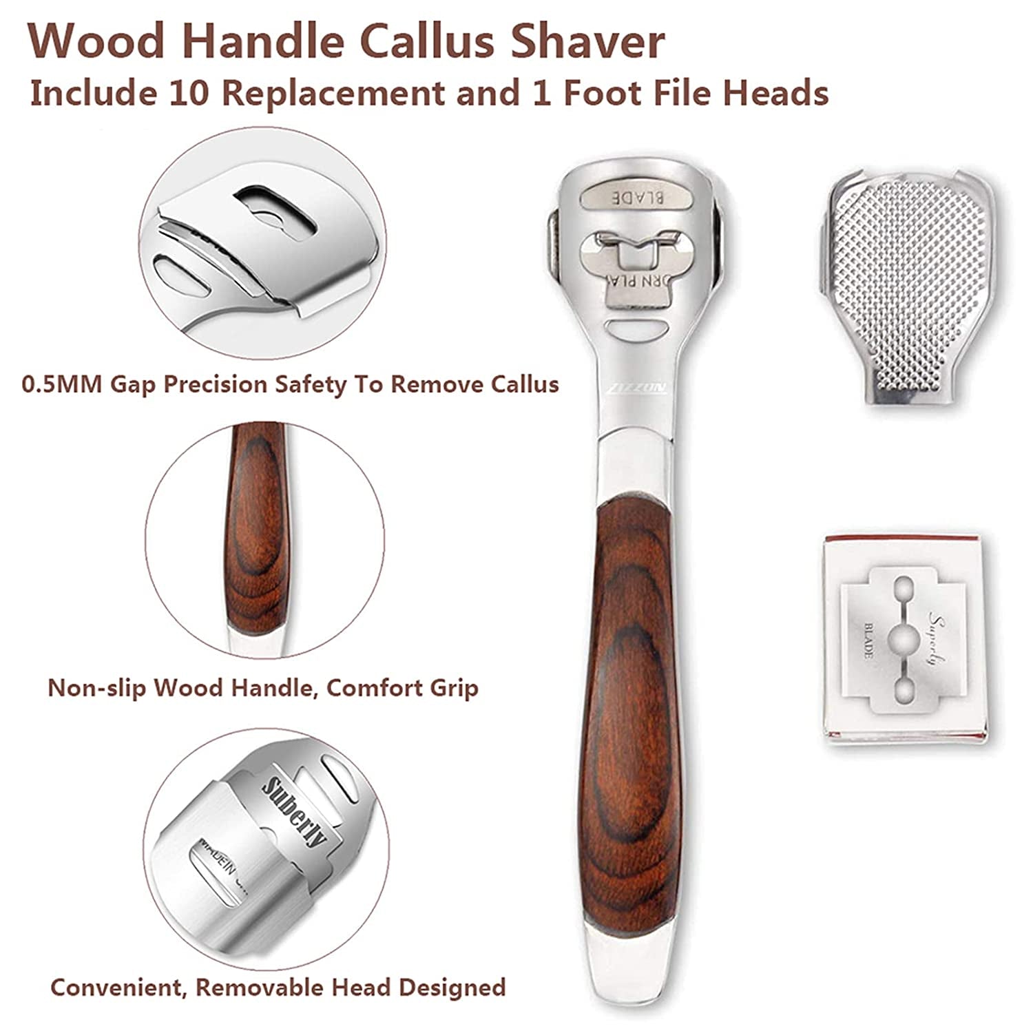 Colossal Foot Rasp & Wood Handle Callus Shaver (10 Replacement & 1 Foot File Heads), Pedicure Foot File Kit, Heel Scraper for Feet, Foot File Callus Remover