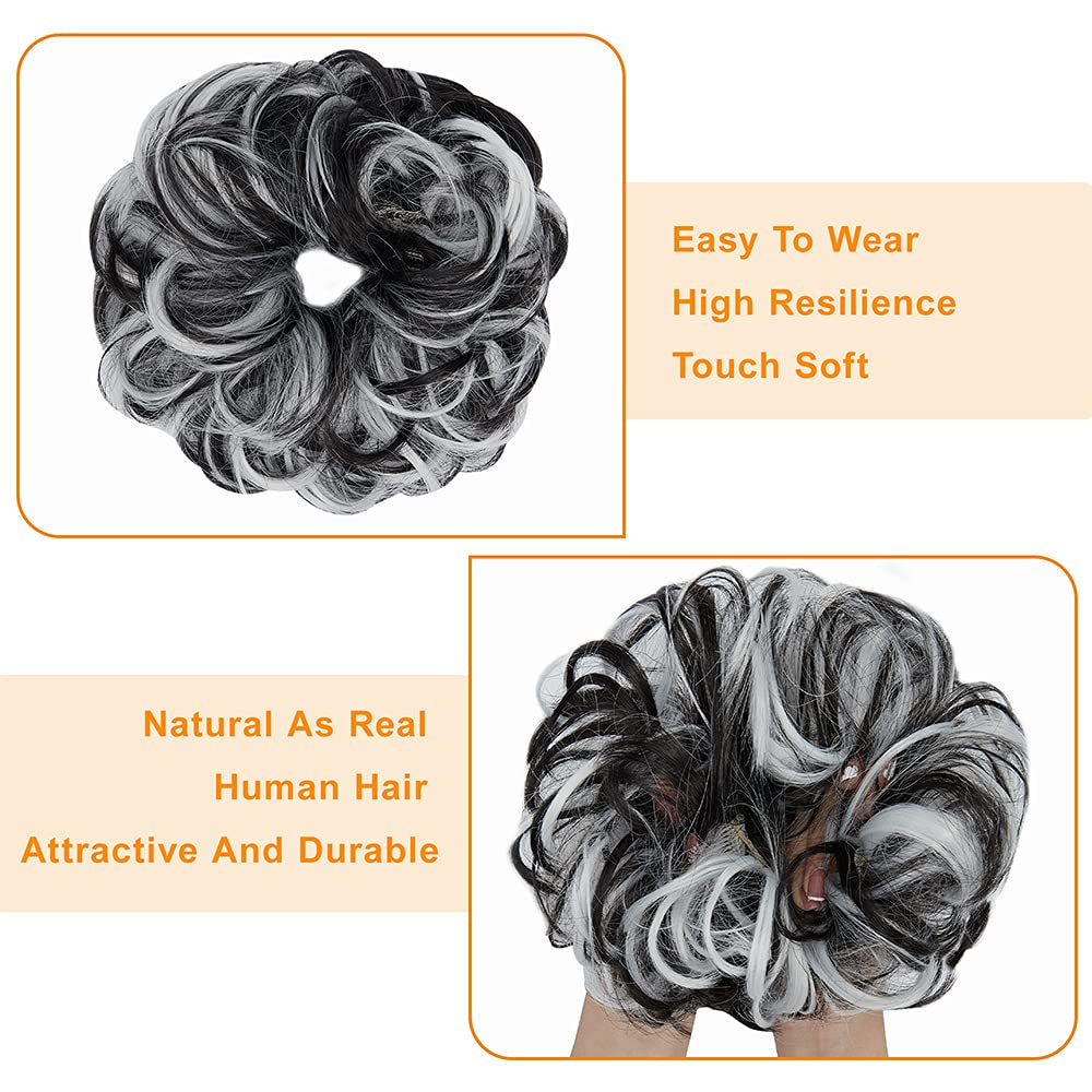 Hair Bun Extensions Messy Curly Hair Scrunchies Hairpieces Synthetic Donut Updo Hair Pieces for Women Girls 1PCS Natural Black Mix White
