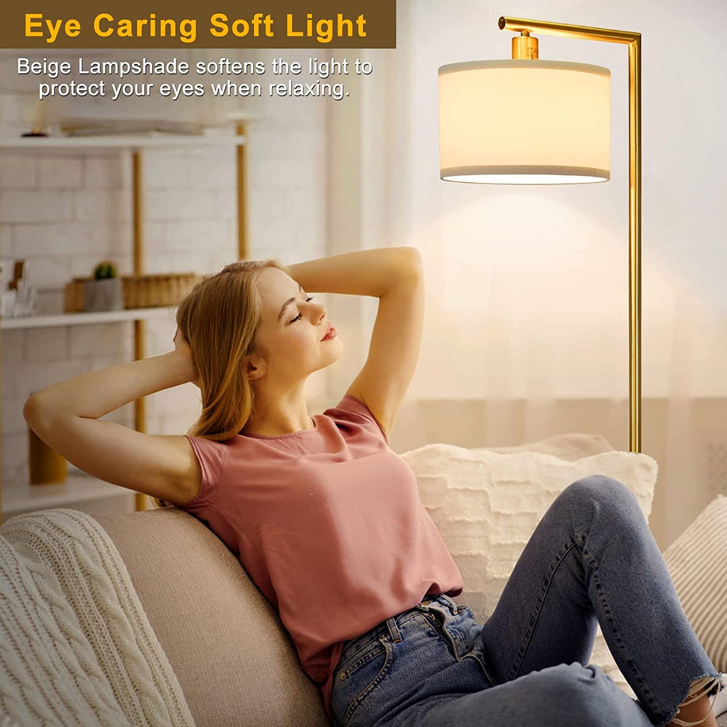 Gold Floor Lamp, Standing Lamp for Living Room Bedroom, Dimmable Floor Lamp, Tall Floor Lamp with Dimmer, Modern Arc Reading Light with Hanging Shade, Two Switches Design, Led Bulb Included