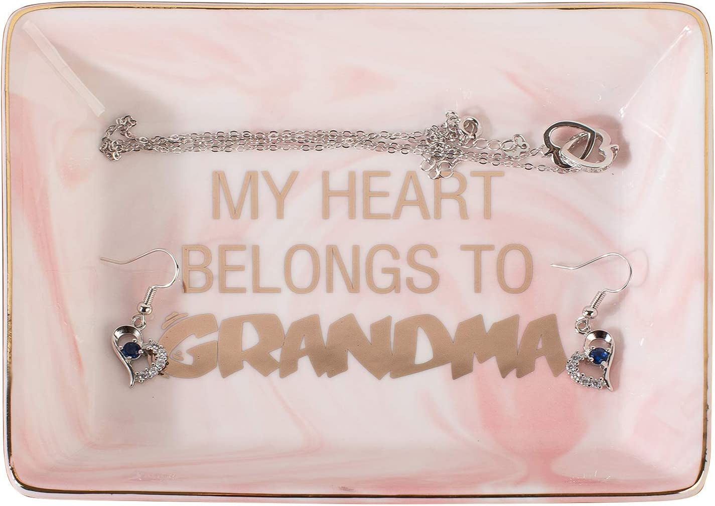 Gifts for Grandma - Best Mother'S Day Birthday Gift Set - Grandma Gifts Set Includes Sterling Silver Necklace，Earrings, Pink Marble Jewelry Trays,Pink Marble Mug, Scented Candle and Flower