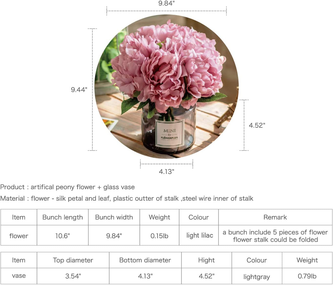 ,Artificial Flowers with Vase, Fake Peony Flowers in Gray Vase,Faux Flower Arrangements for Home Decor,Light Lilac ,Small