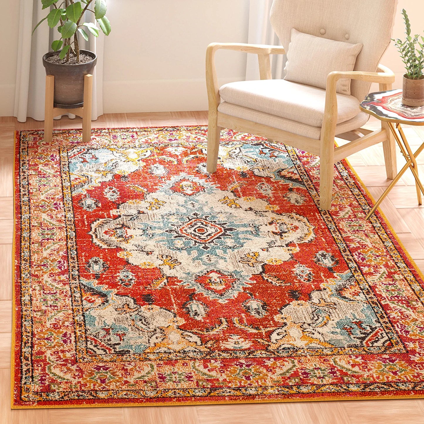 Monaco Collection 8' X 10' Orange Light Blue MNC243H Boho Chic Medallion Distressed Non-Shedding Living Room Bedroom Dining Home Office Area Rug