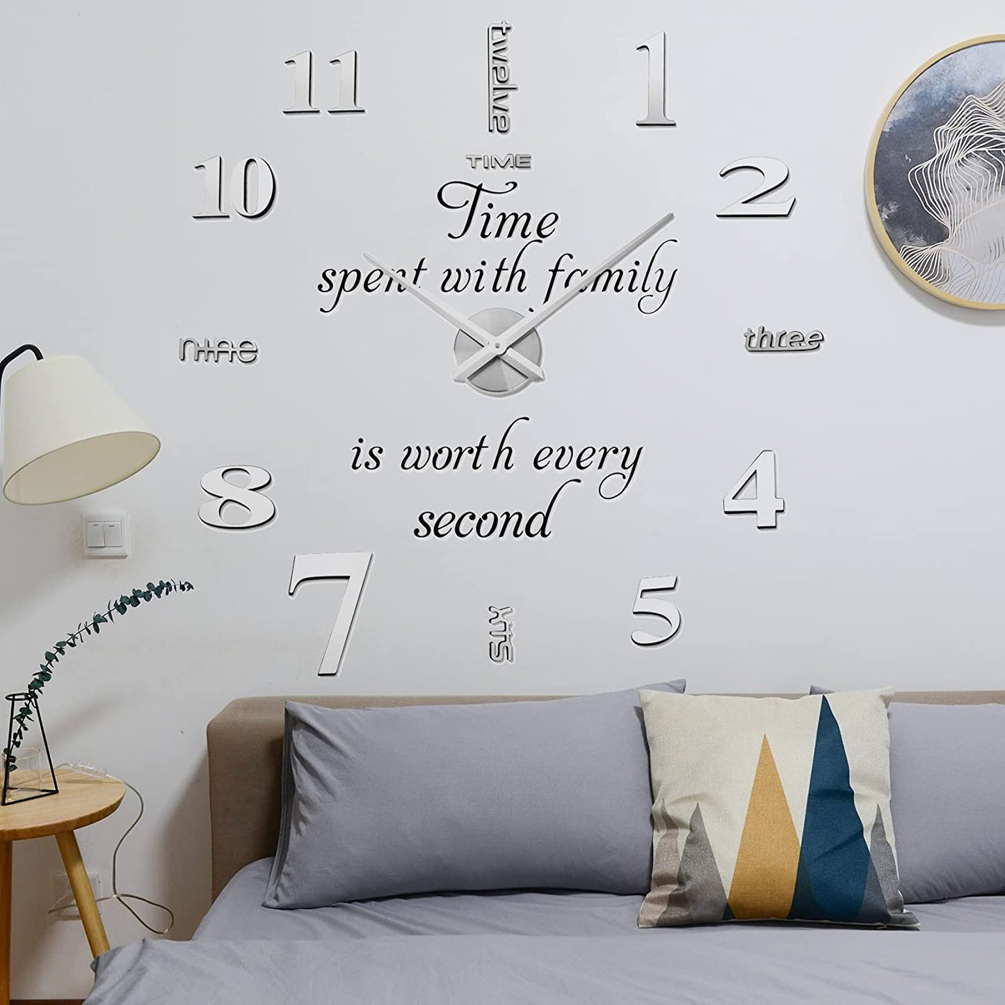DIY Wall Clock,3D Frameless Wall Clock,Large Modern Design Decor Sticker DIY Wall Clock Kit for Bedroom Living Room Home Decorations,Adjustable Size and Easy to Assemble (Silver)