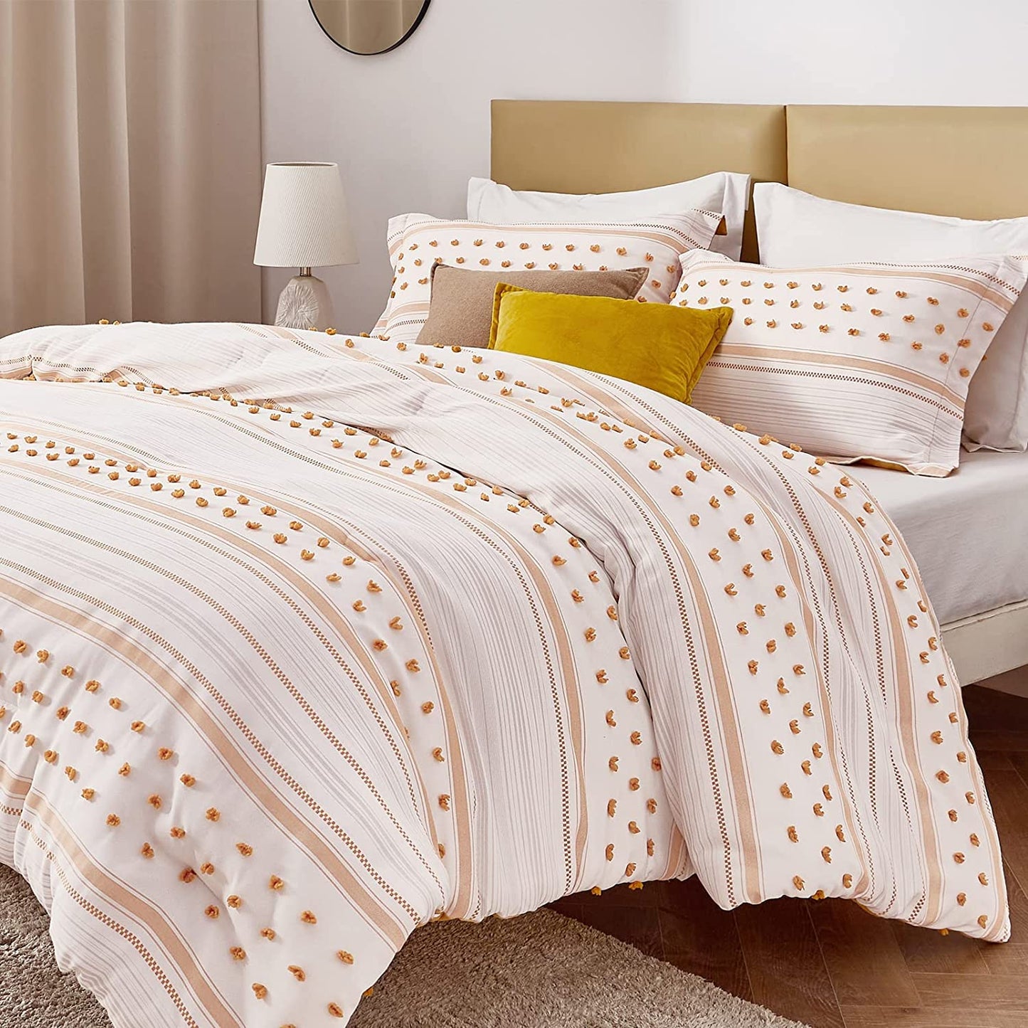Bedsure Yellow Comforter Set King - Boho Mustard Bedding King , Reversible White Striped Tufted Farmhouse Comforter Sets (102X90 Inches, 3 Pieces)