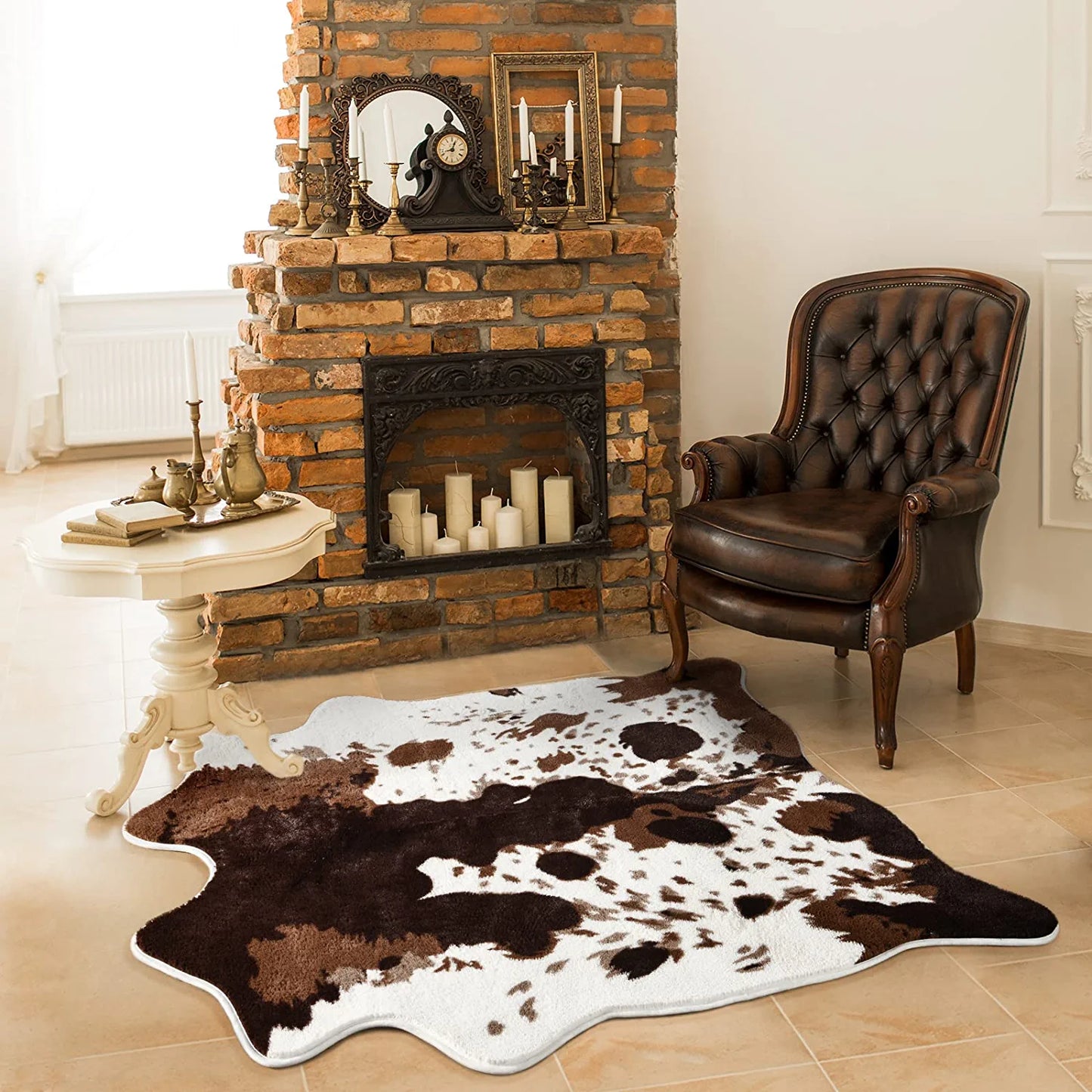 Cow Print Area Rugs Cowhide Rugs 4.6Ft X5.2Ft for Living Room Bedroom Western Decor, Cute Fluffy Cowhide Carpet Faux Fur Rug, Soft Fuzzy Rug for Home, Brown and White,(140*158Cm)