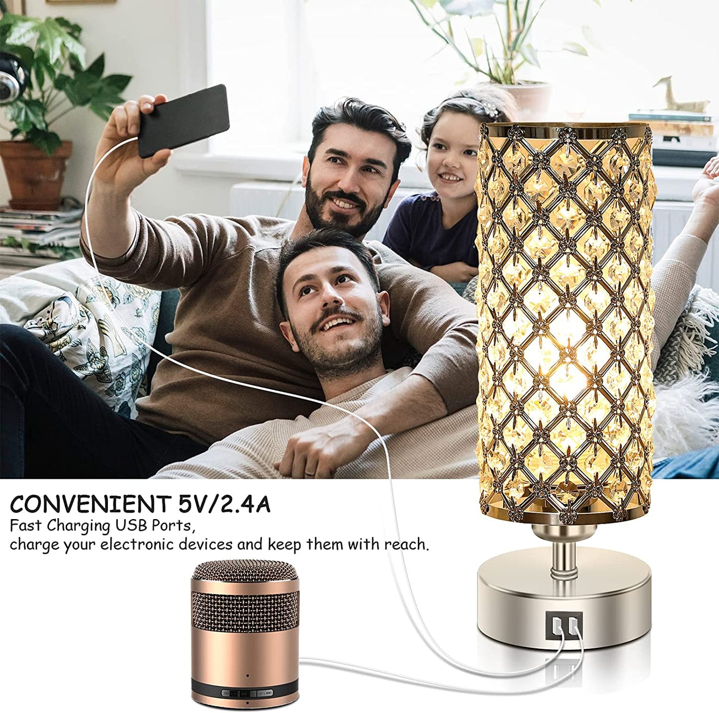 Touch Control Crystal Table Lamps Set of 2, Nightstand Sliver Lamps with 2 USB Charging Ports, Modern Dimmable Desk Lamps for Bedrooms (LED Bulb Included)
