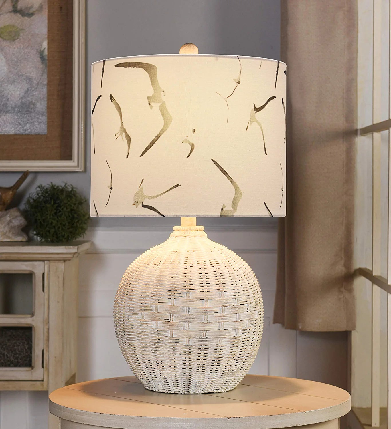 L13867DSAM Rattan, Natural with Wash, White, Seagull Print Table Lamp