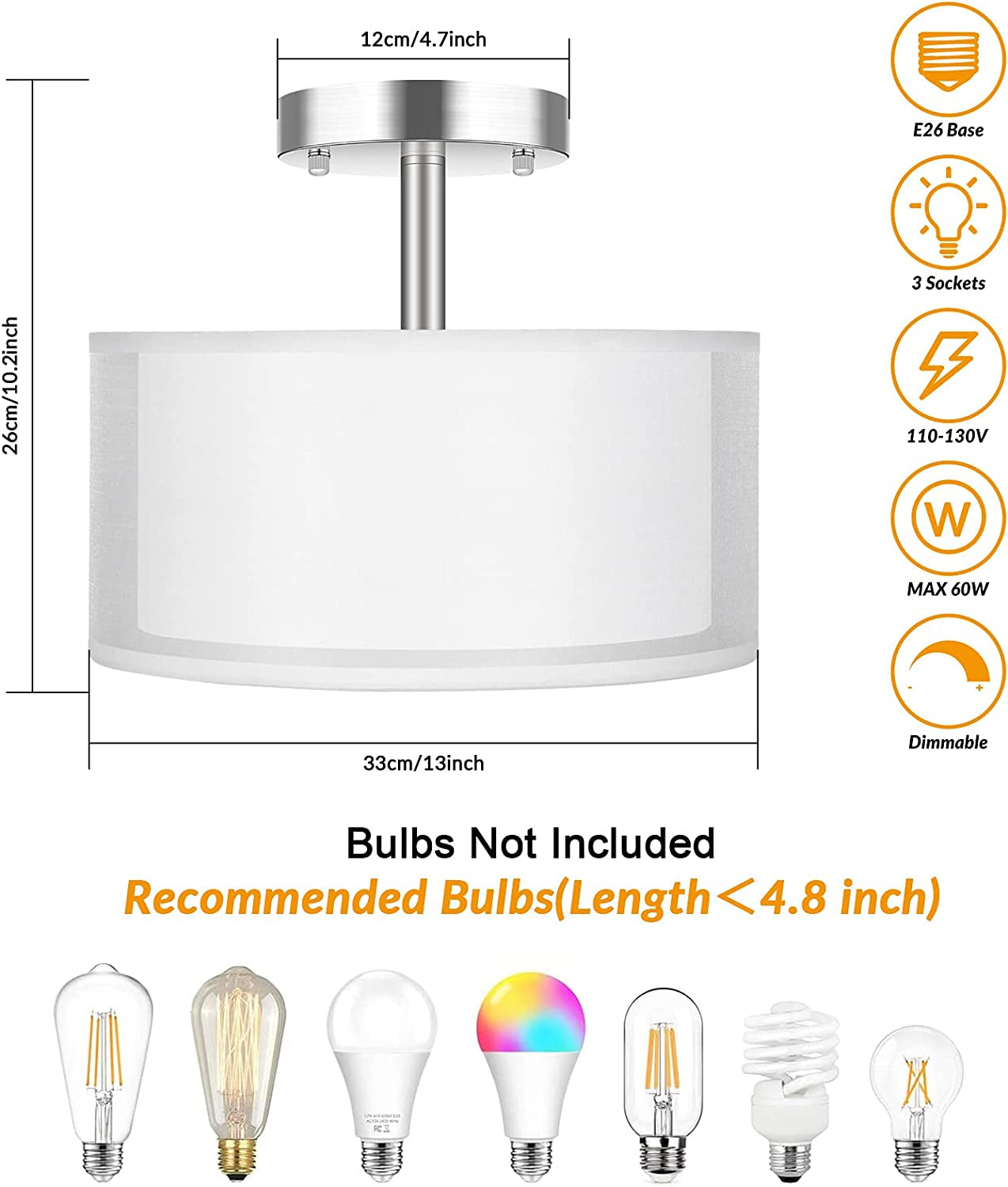 3-Light Semi Flush Mount Ceiling Light Fixture, Drum Light with Double Fabric Shade, Modern Close to Ceiling Lights for Living Room, Bedroom, Dining Room, Kitchen, Hallway, Entry, Foyer