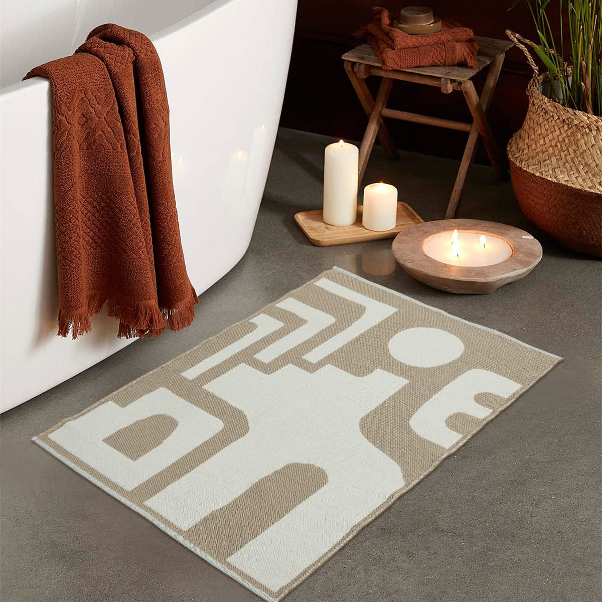 Abstract Geometric Rug 2' X 3' Washable Small Bathroom Rugs Modern Khaki Cotton Woven Door Mat Concise Reversible Carpet for Bedroom Hallway Entryway Laundry Room