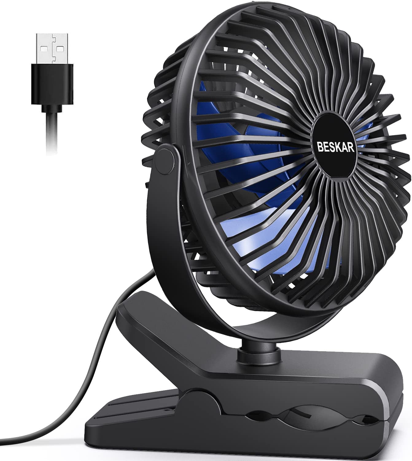 USB Powered Clip on Fan, 6 Inch Portable Fan with Cord, 3 Speeds Strong Airflow, Small Fan with Sturdy Clamp, Quiet Personal Desk Fan & Clip Fan