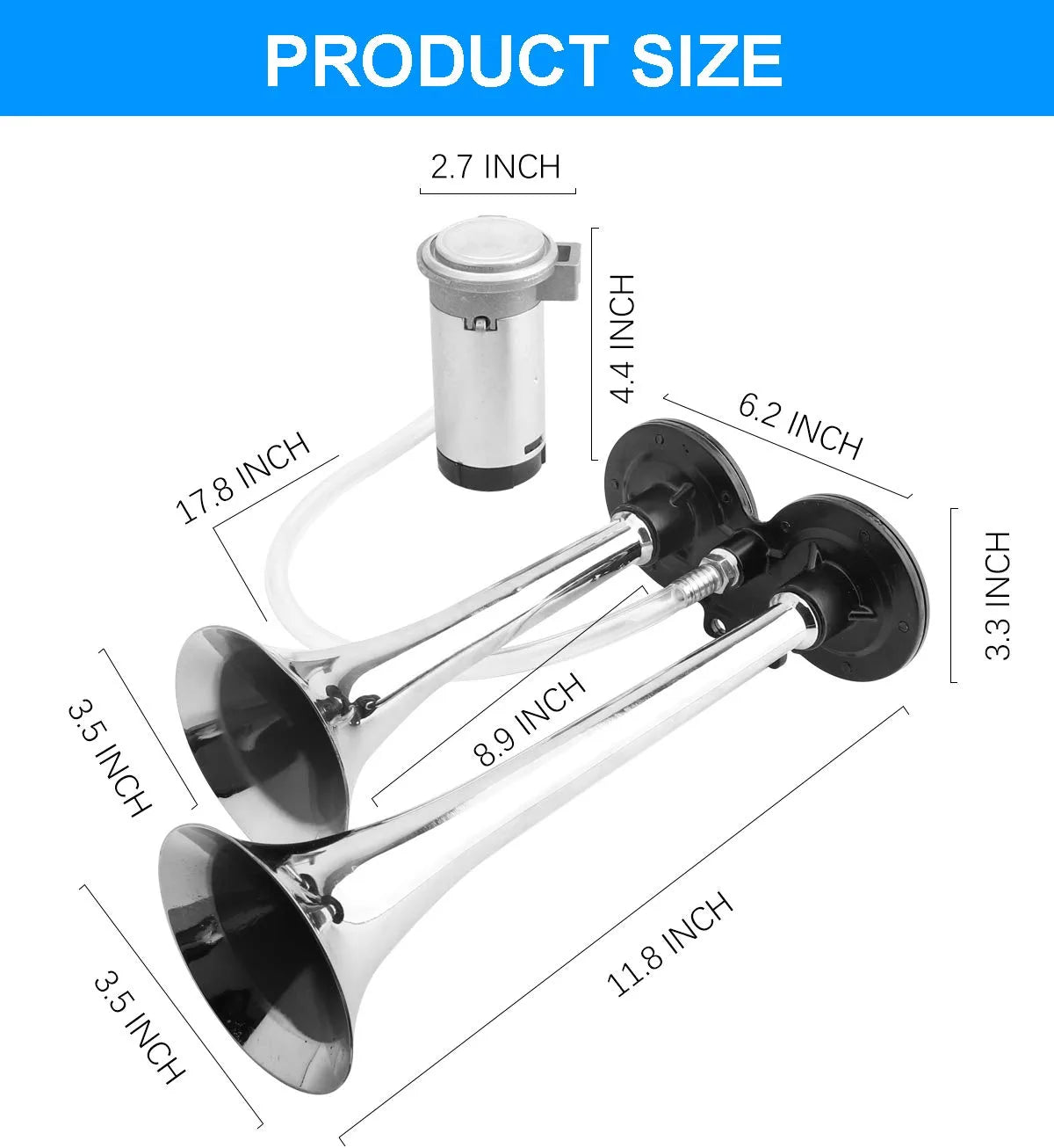 Air Horn for Truck Boats Car, 150DB Super Loud Train Horns Kit with 120 PSI Air Compressor (Silver, Dual)