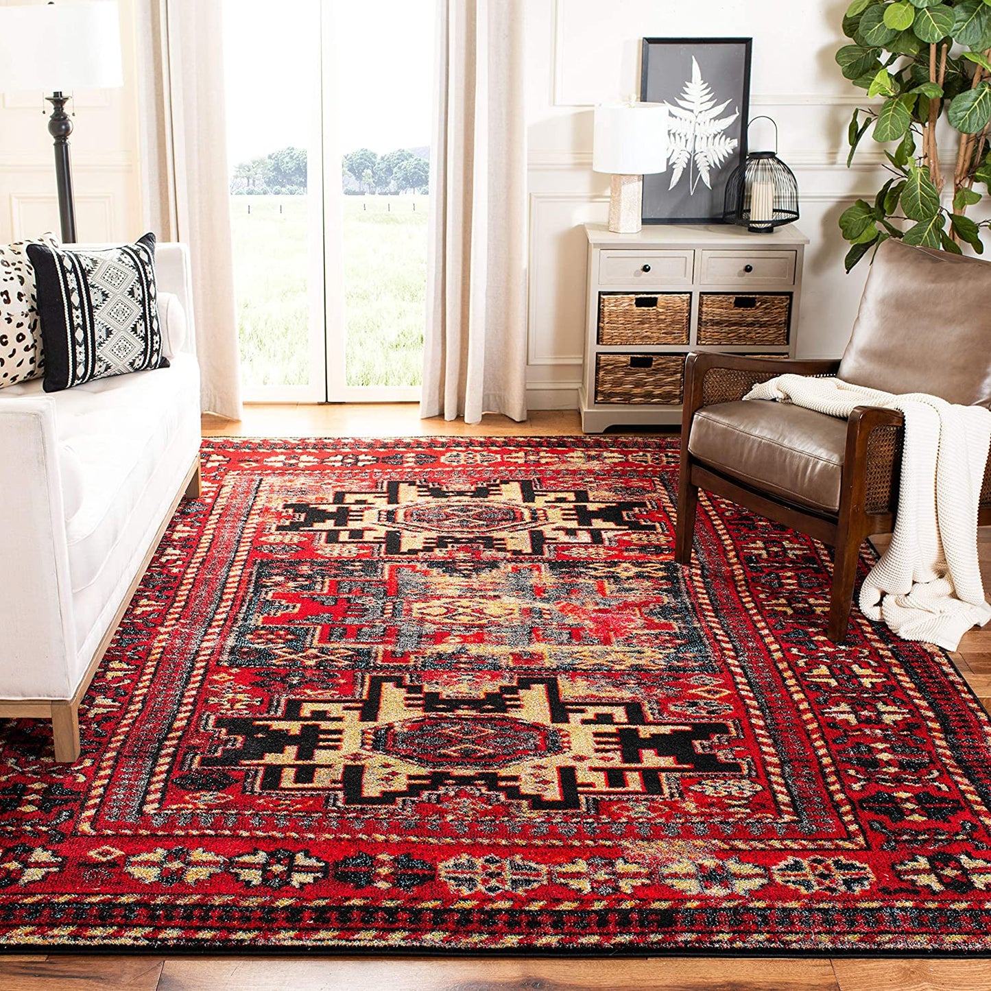 Vintage Hamadan Collection 4' X 6' Red / Multi VTH213A Oriental Traditional Persian Non-Shedding Living Room Bedroom Accent Rug