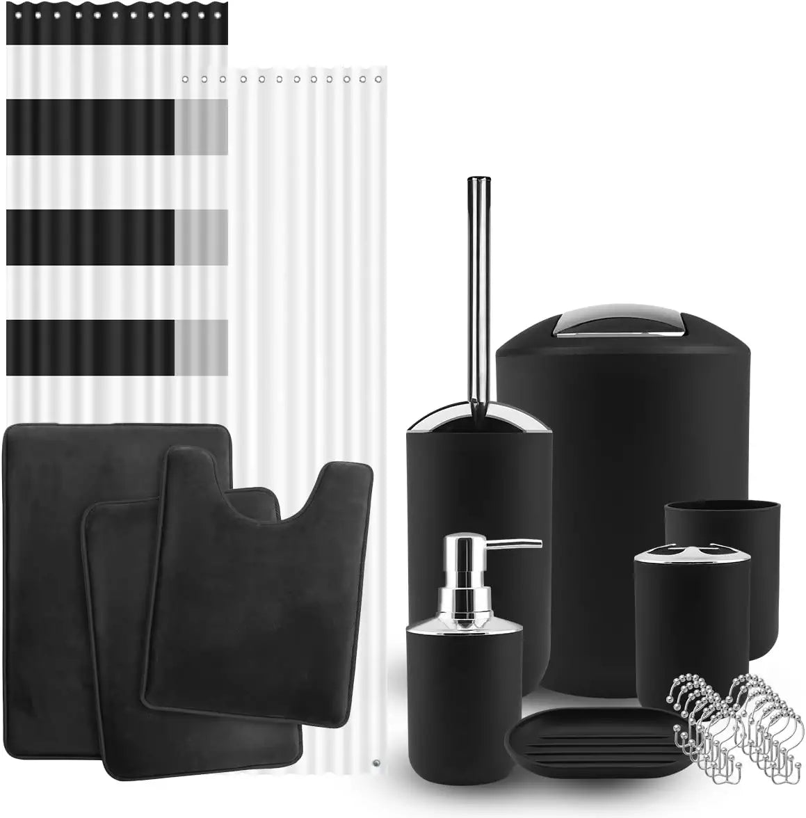 Black Bathroom Accessories Set Complete with Bathroom Rugs Set and Shower Curtain Set, 12 Piece Bathroom Sets with Rugs and Accessories, Shower Curtain with Liner & Hooks, Bath Mat Set