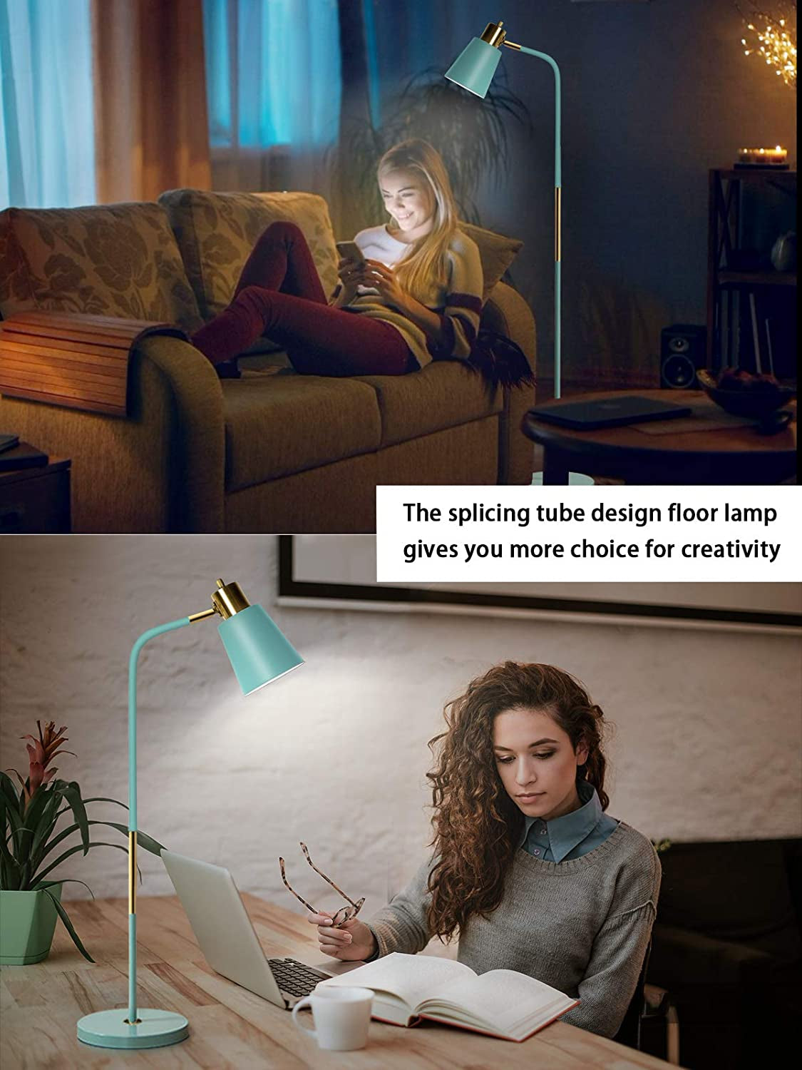 Floor Lamp, Industrial Floor Lamps for Living Rooms & Bedrooms - Rustic Farmhouse Reading Lamp - Standing, Adjustable Metal Heads Indoor Task Lighting for Living Room Bedroom Office Home Décor (Green)