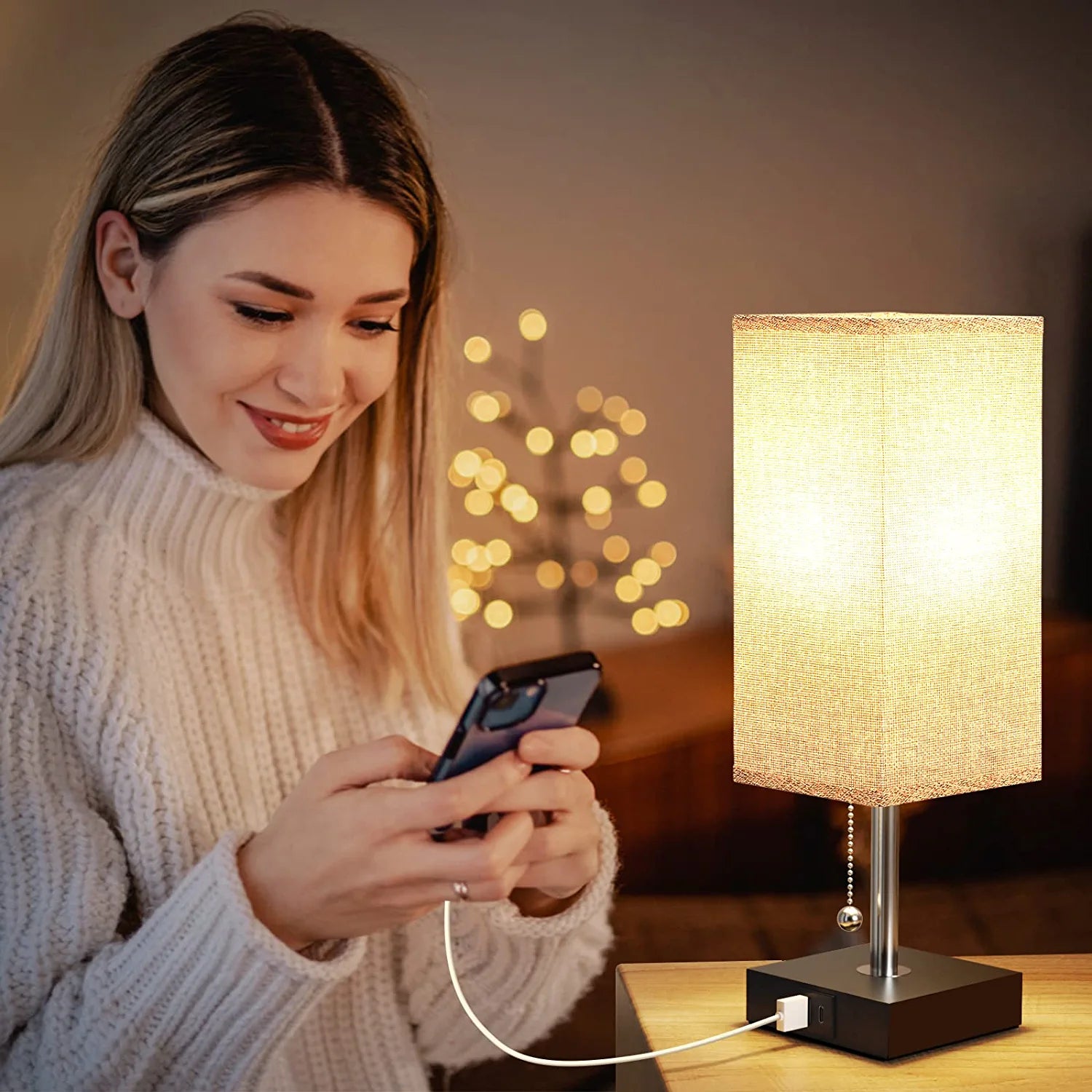 Bedside Lamps for Bedrooms Set of 2 - Table Lamps for Nightstand with USB Ports, Small Night Stand Light Lamp with Grey Fabric Shade for End Table Living Room Home Office Study Room (2 Pack)