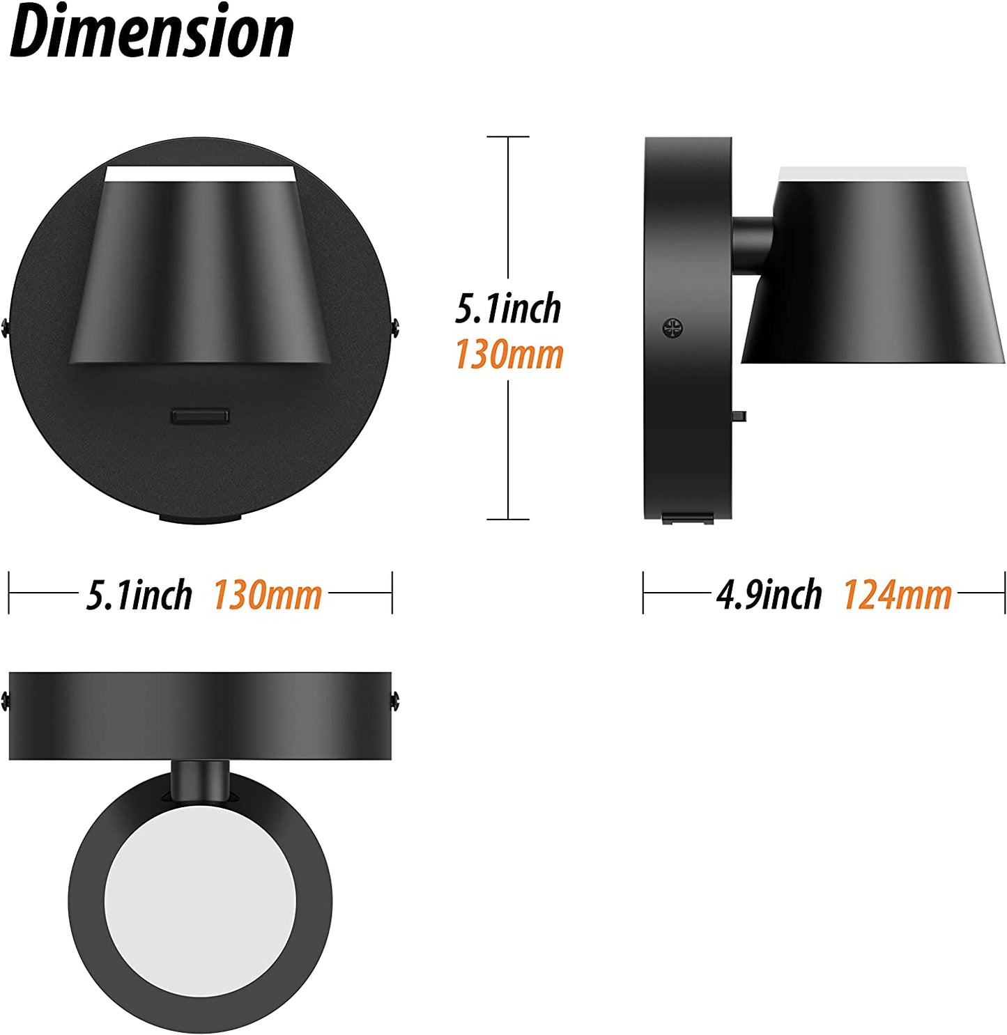 Wall Light LED Wall Sconce with On/Off Switch USB Charging Port 110 Volt Hardwired Wall Lamp 350 Rotatable up down Sconces Wall Lighting (Black)