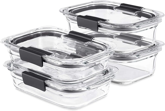 8-Piece Brilliance Glass Food Storage Containers with Lids for Lunch, Meal Prep, and Leftovers, Dishwasher and Oven Safe, Clear/Grey
