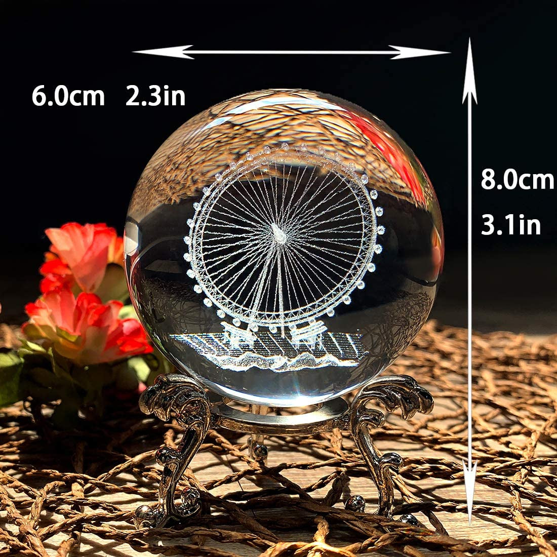 Crystal 2.4 Inch (60Mm) Carving Ferris Wheel Crystal Ball with Sliver-Plated Flowering Stand,Fengshui Glass Ball Home Decoration