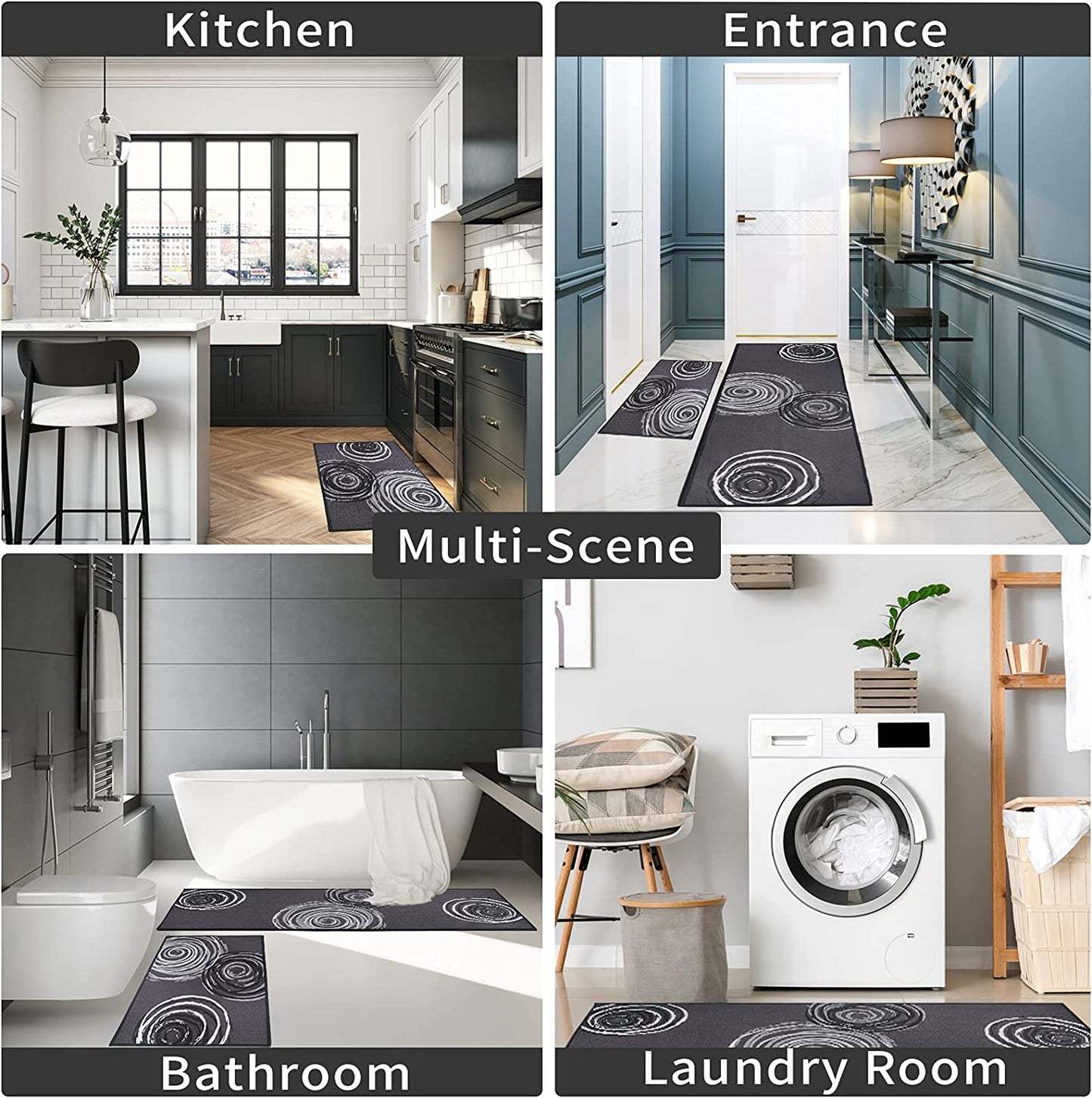 Kitchen Rug Set of 2, Non-Skid Machine Washable Kitchen Laundry Floor Mat Absorbent, Runner Rug and Door Mat Set, Durable Polyester Tufting Surface & Non-Slip Latex Backing
