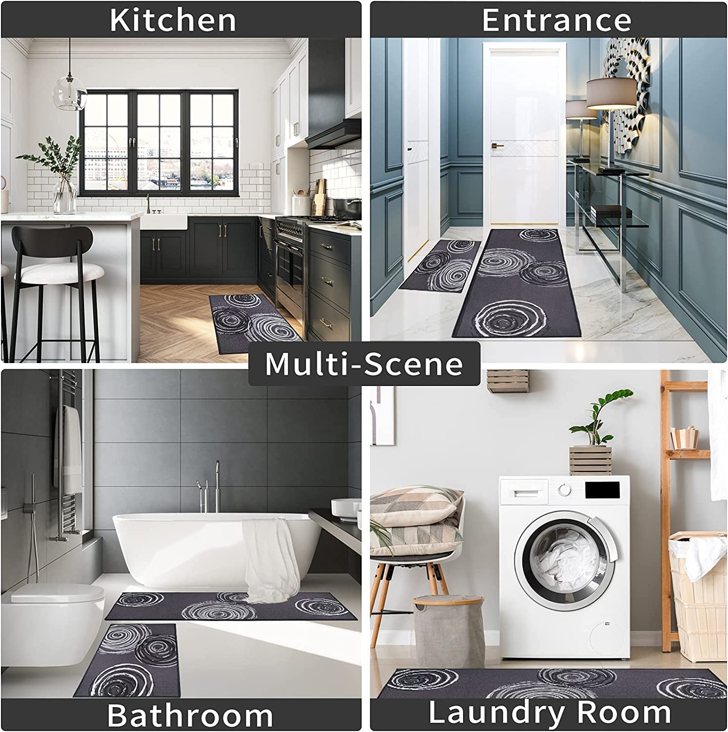 Kitchen Rug Set of 2, Non-Skid Machine Washable Kitchen Laundry Floor Mat Absorbent, Runner Rug and Door Mat Set, Durable Polyester Tufting Surface & Non-Slip Latex Backing