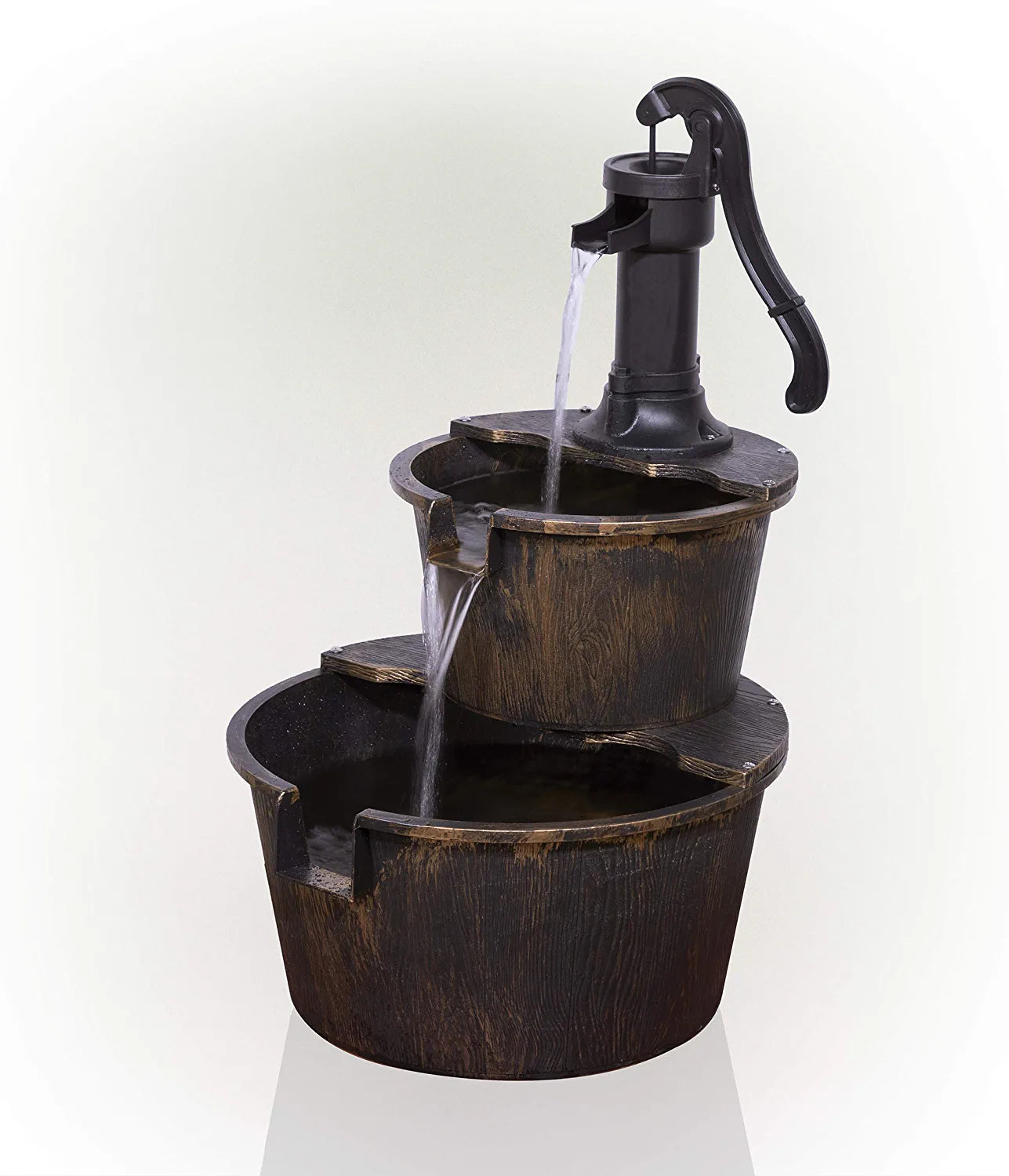 27" Tall 2-Tier Barrel and Pump Waterfall Fountain, Bronze Finish