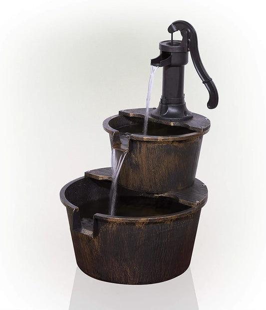 27" Tall 2-Tier Barrel and Pump Waterfall Fountain, Bronze Finish