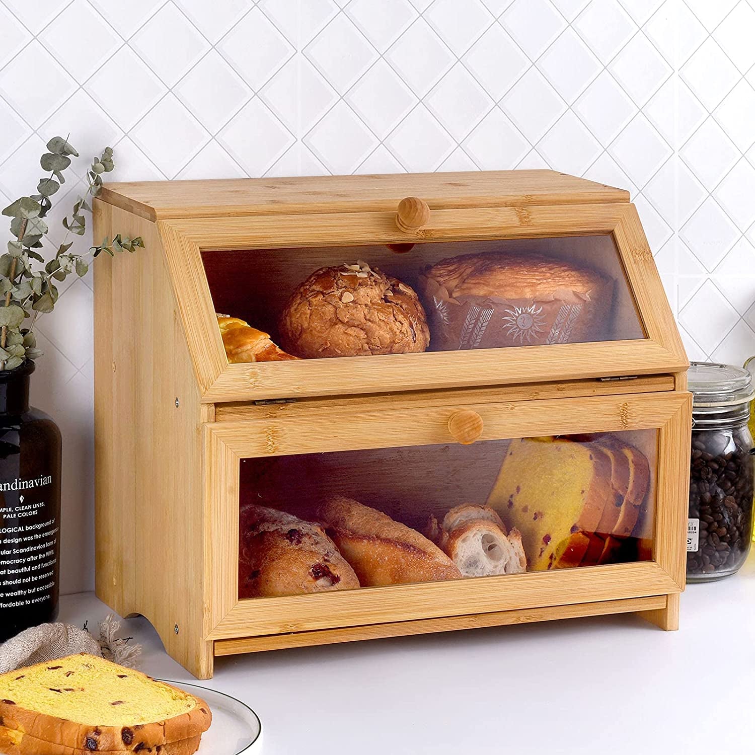 Double Compartment Bread Box - Extra Large Bamboo Bread Box for Kitchen Countertop, with Clear Window, Farmhouse Style Double Layer Bread Storage Bin Holder (Self-Assembly)