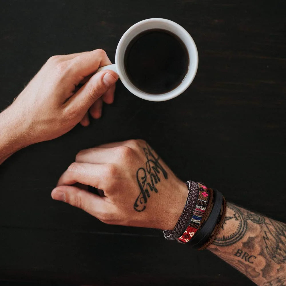31 Pcs Braided Leather Bracelets for Men Women Wooden Beads Cool Hemp Tribal Wristbands Cuff Punk Multilayered Bracelets