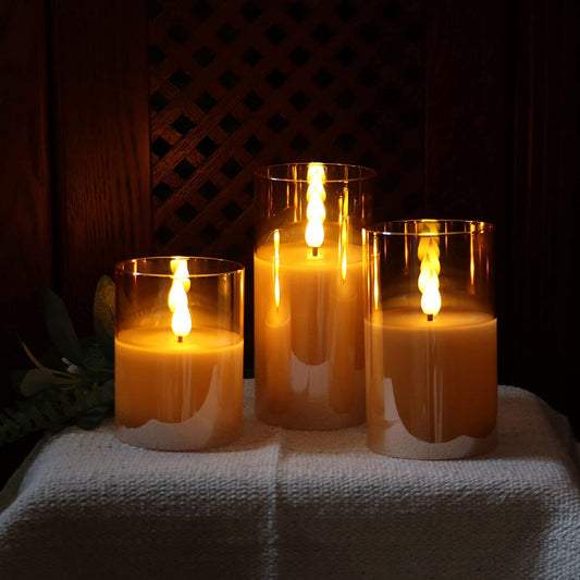 Gold Glass Battery Operated Candles with Remote, Flameless LED Candle Gift Set, Warm White Light, Batteries Included - Set of 3