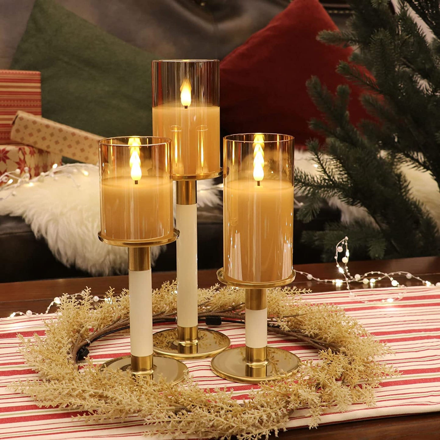 Gold Glass Battery Operated Candles with Remote, Flameless LED Candle Gift Set, Warm White Light, Batteries Included - Set of 3