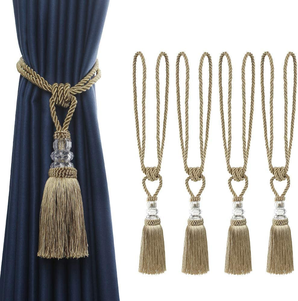 4 Pack Curtain Hand-Woven Tiebacks Crystal Holdbacks Home Decorative Tassels (Golden, 4 Pack)