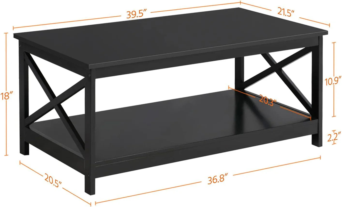 Wood 2-Tier Black Coffee Table with Storage Shelf for Living Room, X Design Accent Cocktail Table, Easy Assembly Home Furniture, 39.5 X 21.5 X 18 Inches