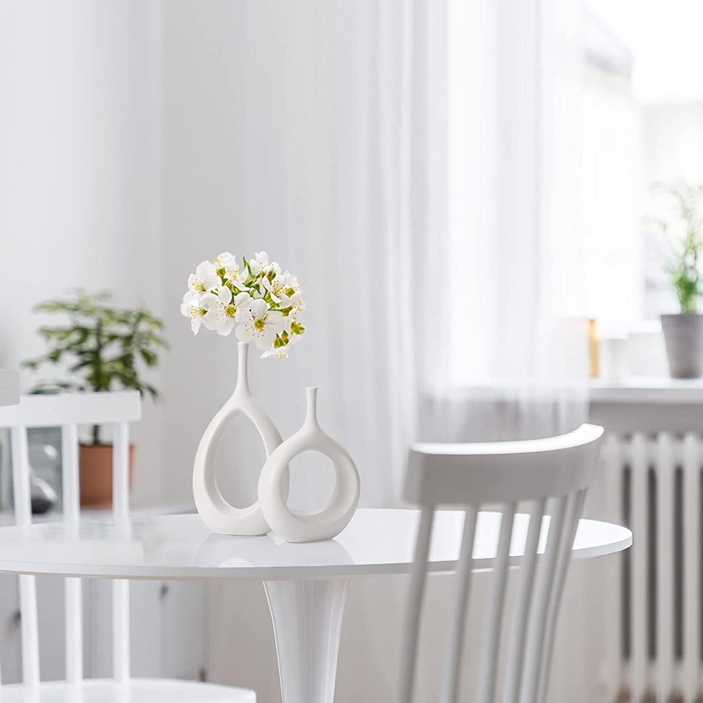 White Ceramic Hollow Vases Set of 2, Flower Vase for Decor, Modern Decorative Vase Centerpiece for Wedding Dinner Table Party Living Room Office Bedroom, Housewarming Gift