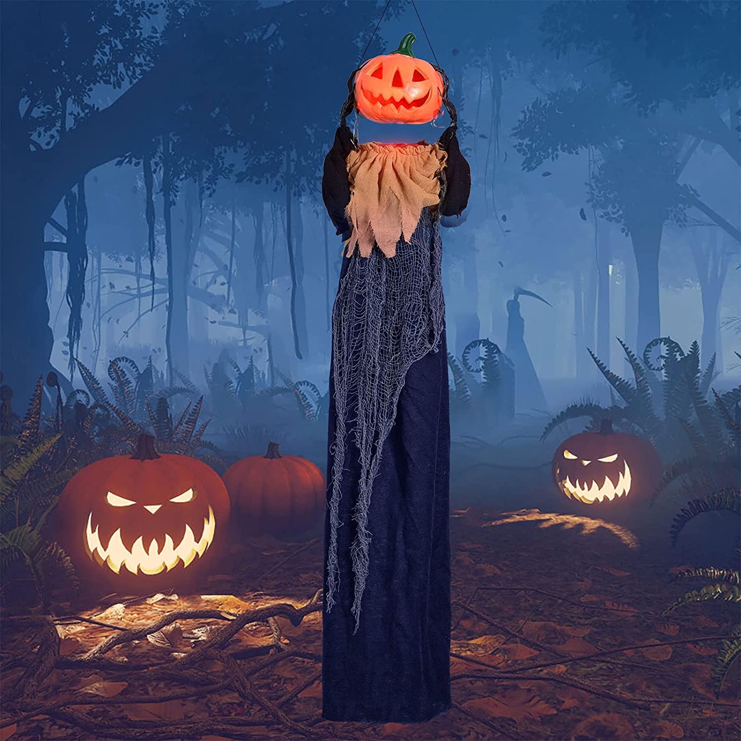47.2" Halloween Hanging Pumpkin Ghost Animated Halloween Decorations with Sound & Light, Scary Creepy Spooky Props for Halloween Décor Outdoor, Haunted House