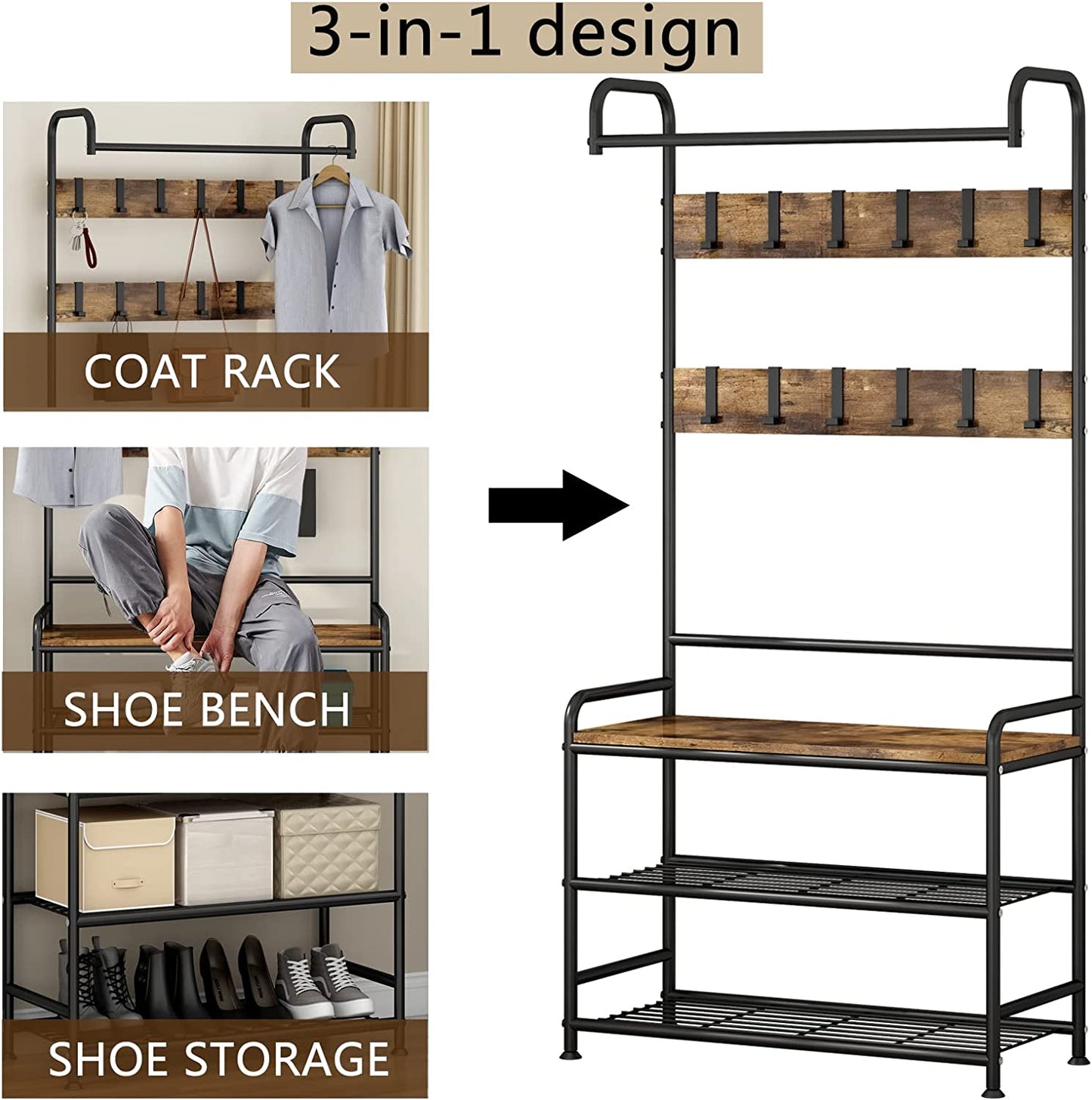 Coat Rack Shoe Bench 3-In-1 Hall Tree with Bench and Shoe Storage for Entryway Heavy Duty MDF Stand Coat Rack Industrial Accent Furniture with Metal Frame, Black (Rustic Black)