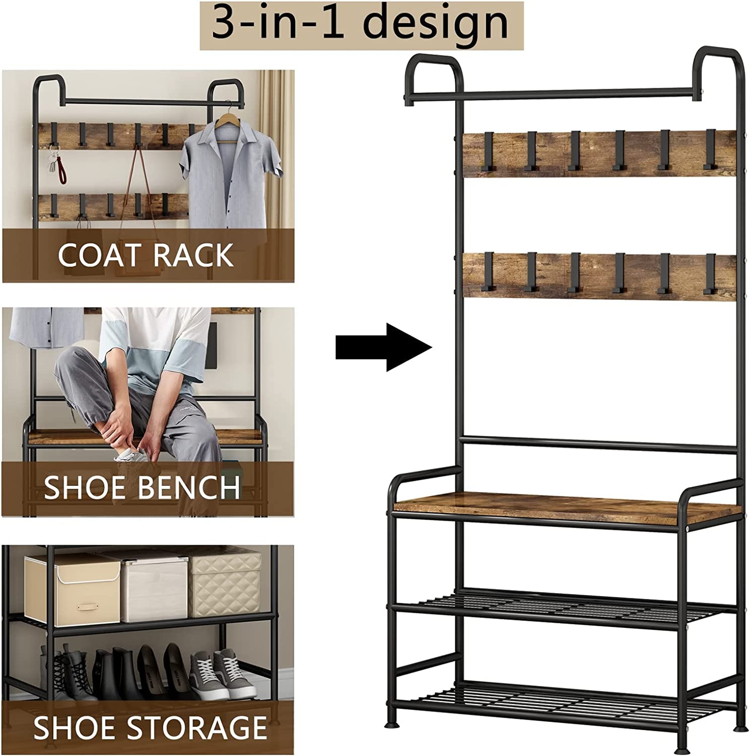 Coat Rack Shoe Bench 3-In-1 Hall Tree with Bench and Shoe Storage for Entryway Heavy Duty MDF Stand Coat Rack Industrial Accent Furniture with Metal Frame, Black (Rustic Black)