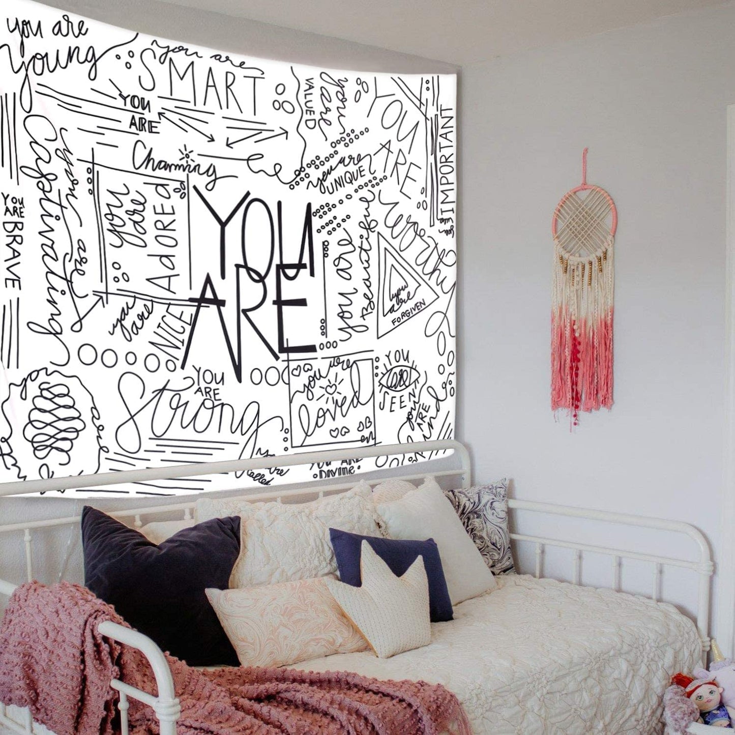 Quote You Are Wall Tapestry, Inspirational Wall Art Positive Saying Wall Hanging White Tapestry for Teen Girl Bedroom Dorm - 51.2X59.1 Inches