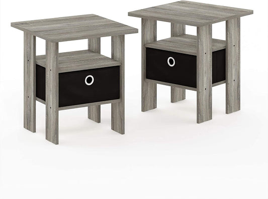 Andrey Set of 2 End Table / Side Table / Night Stand / Bedside Table with Bin Drawer, French Oak Grey