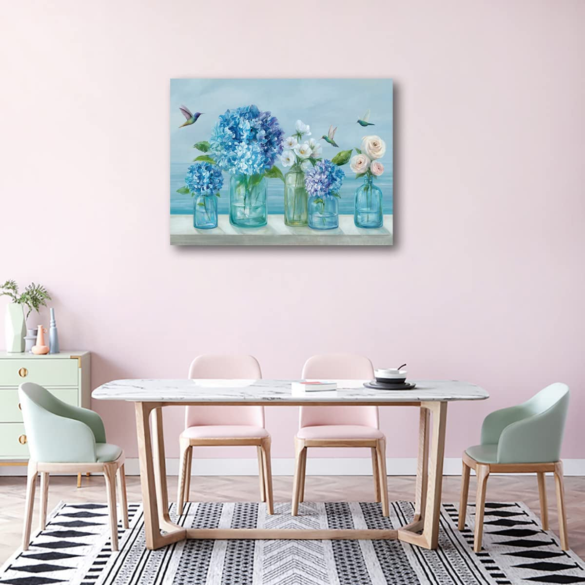 Flowers Canvas Wall Art White Floral Canvas Pictures Rose Hydrangea in Jar Wall Decor Bird Print Blue Painting Contemporary Artwork Living Room Bedroom Kitchen Home Decor 12"X 16"