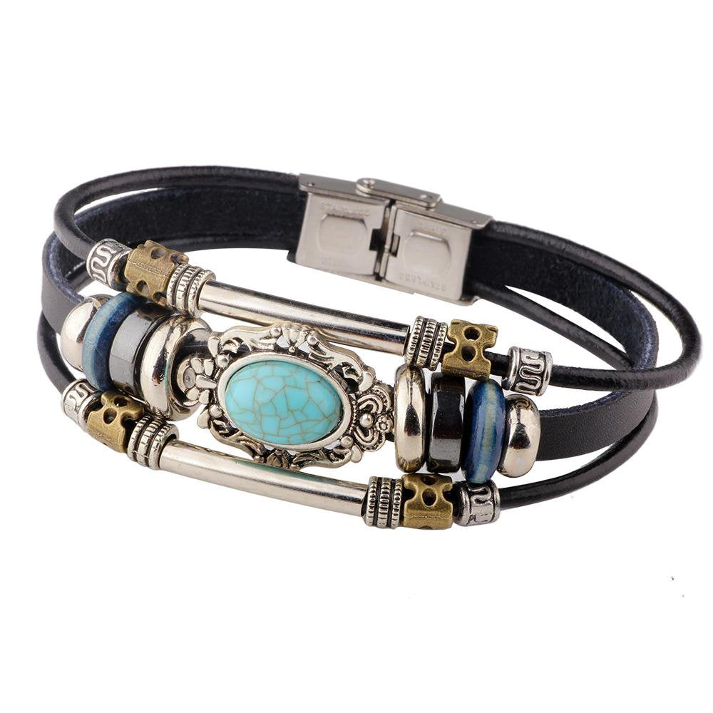 Retro Synthetic Turquoise Unisex Leather Wristband Bracelet for Men or Women