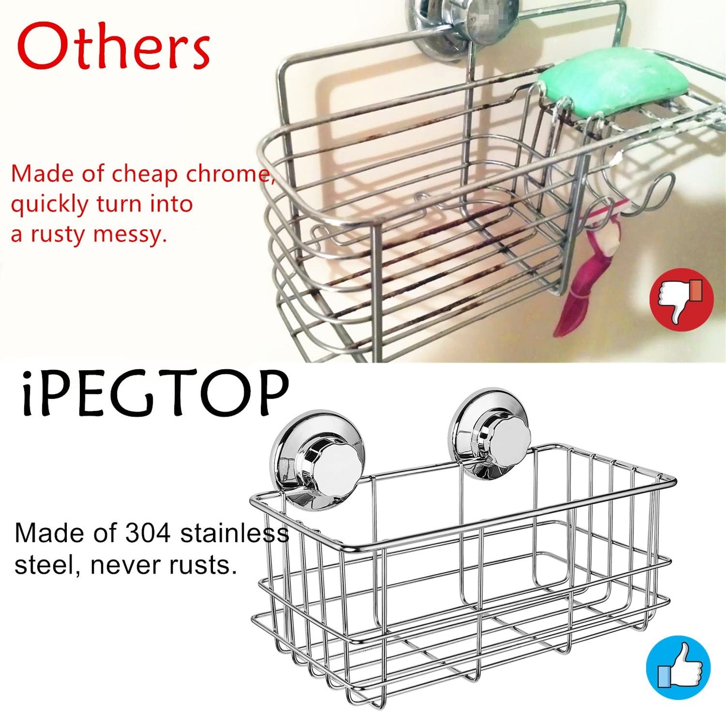 Suction Cup Deep Shower Caddy Bath Wall Shelf for Large Shampoo Shower Gel Holder Bathroom Storage - Rustproof Stainless Steel