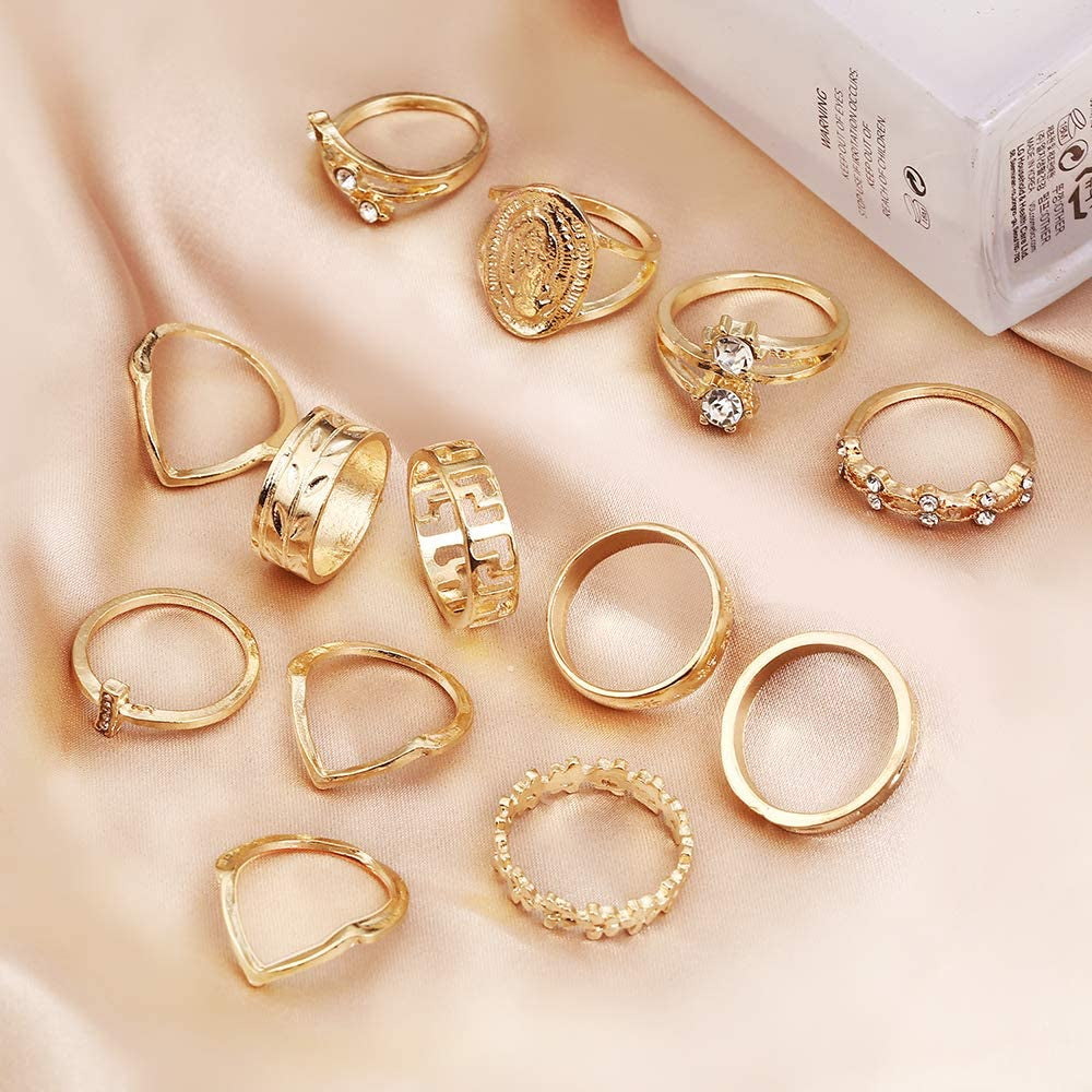 59 Pcs Vintage Knuckle Rings Set Stackable Finger Rings Midi Rings for Women Bohemian Hollow Carved Flowers Gold&Silver Rings Crystal Joint Rings (1:59 PCS Gold)