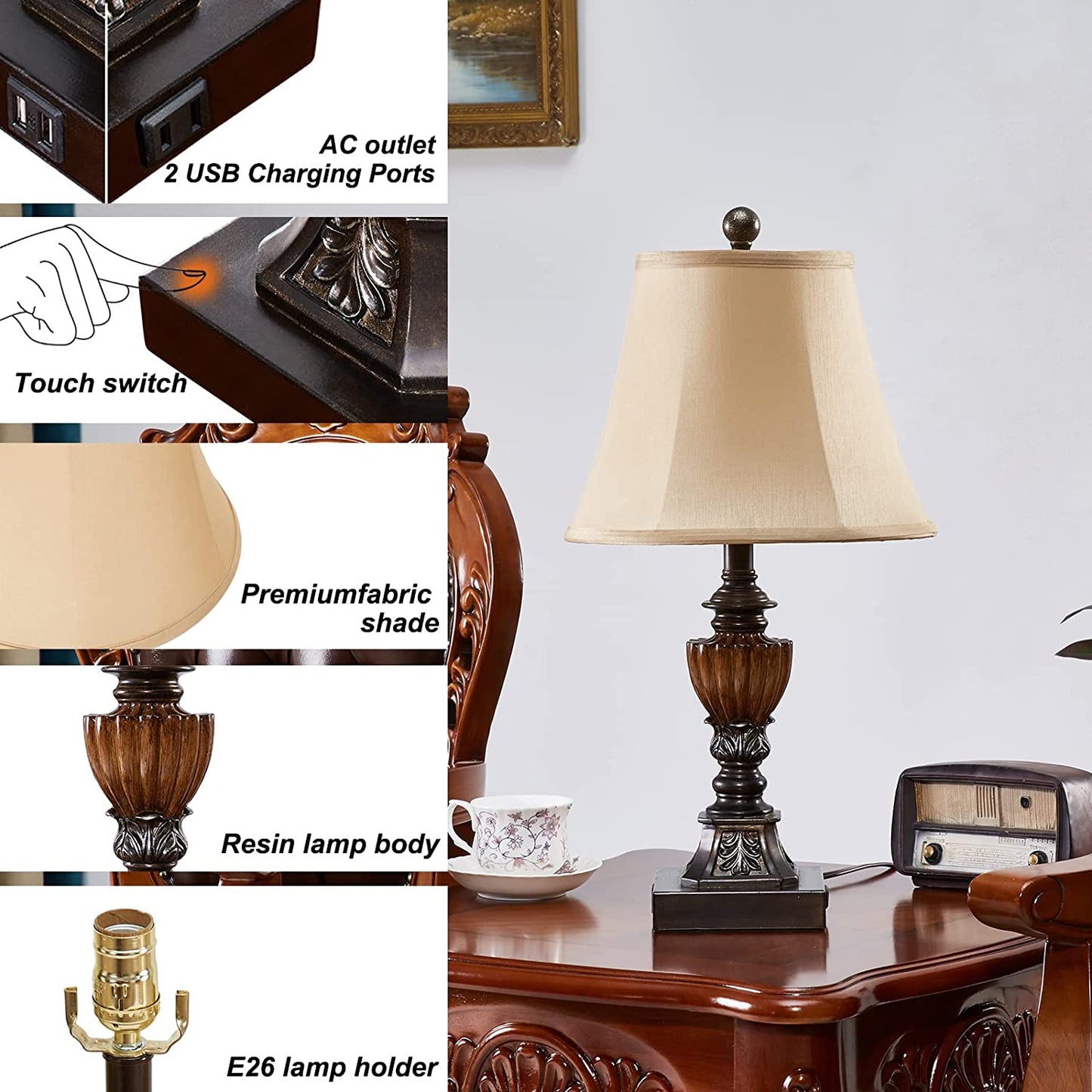 Drawealth Touch Control Traditional Table Lamp Set of 2,3-Way Dimmable Farmhouse Bedside Table Lamps with 2 USB Charging Ports Vintage Rustic Table Lamps for Living Room Bedroom Office Study