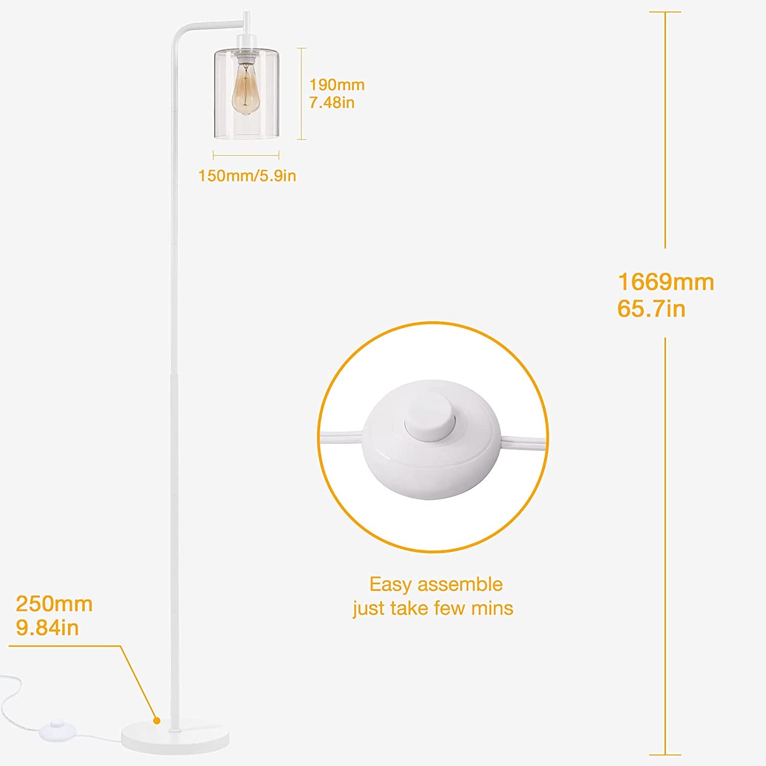 White Tall LED Floor Lamp Included Bulb, Modern Standing Lamp with Hanging Glass Shade, Indoor Simple Floor Lamp, Industrial Pole Light for Living Room, Bedroom, Office, Home Decor