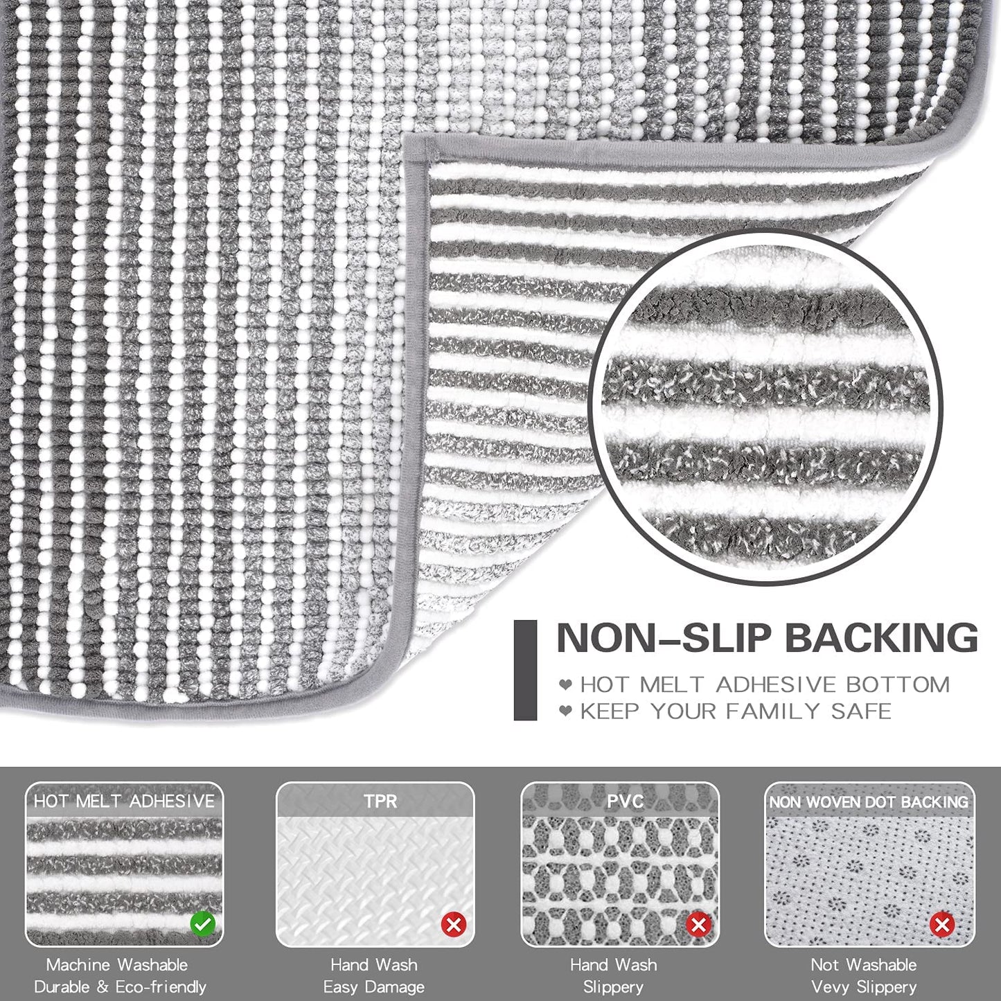 Bathroom Rugs and Mats Sets, 2 Piece Thick Absorbent Chenille Bath Mat Rug Set Non Slip, Soft Shaggy Bath Room Floor Mats for Bathroom, Machine Washable (20" X 47" plus 16" X 24", Gray)