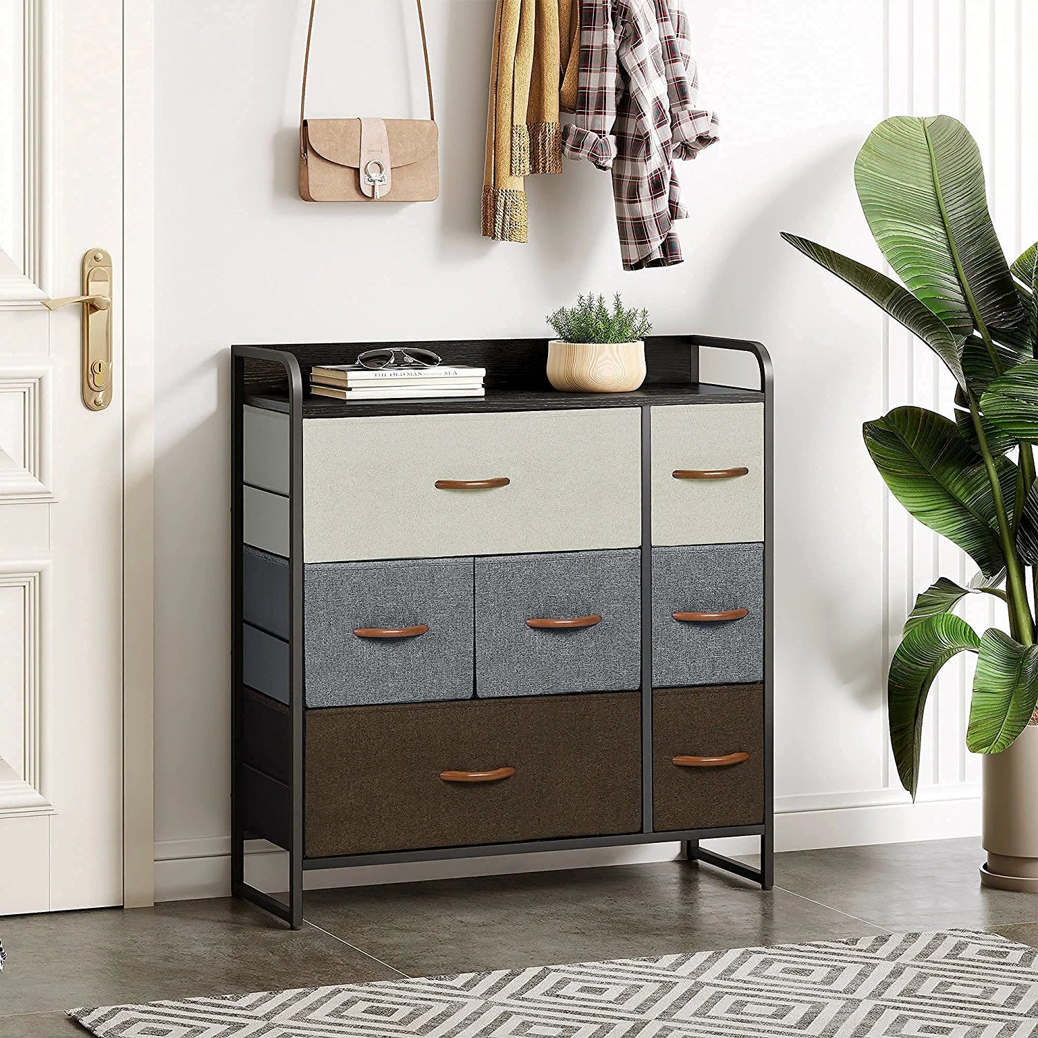 Dresser with 7 Drawers, Tall Dresser with Wood Top, 3-Tier Dresser Changeable Fabric Dresser Organizer Unit for Bedroom/Living Room/Closets，Multicolor