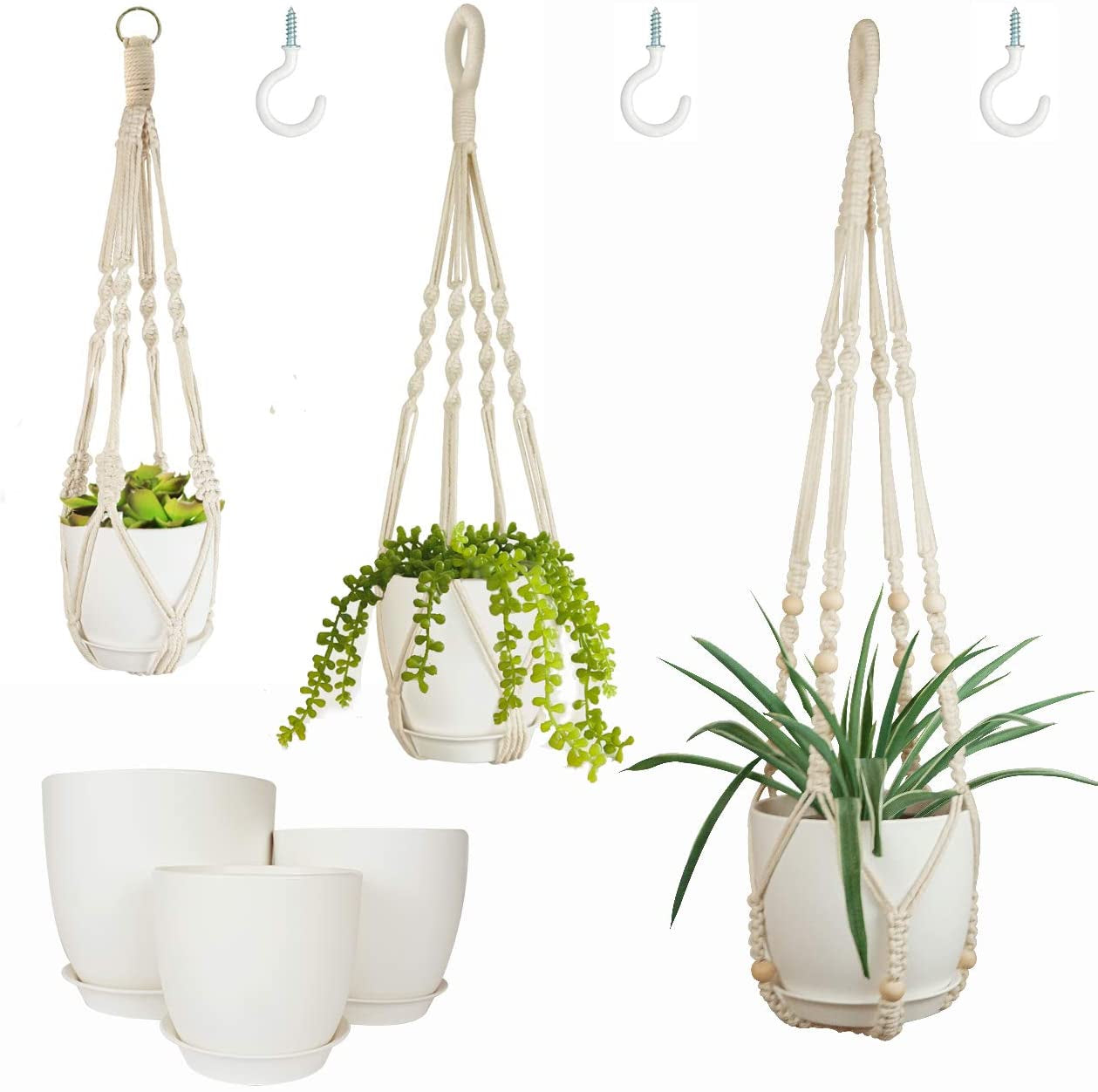 3 Pack Macrame Plant Hangers with Pots Hanging Planters for Indoor Plants Holders with Trays & Hooks 34" / 26" / 20"