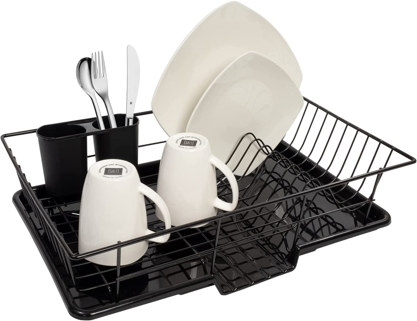Dish Drainer Drain Board and Utensil Holder Simple Easy to Use, 12" X 19" X 5", Black