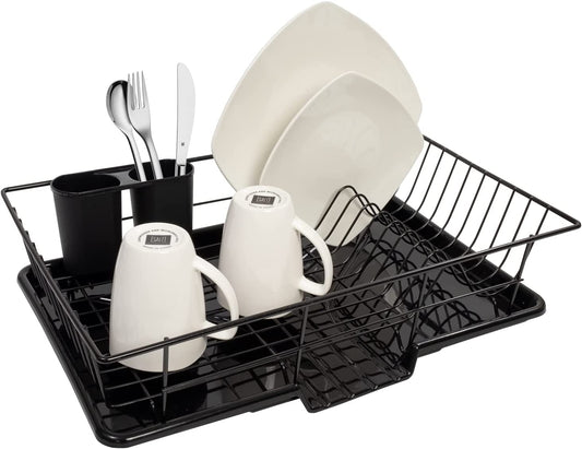 Dish Drainer Drain Board and Utensil Holder Simple Easy to Use, 12" X 19" X 5", Black